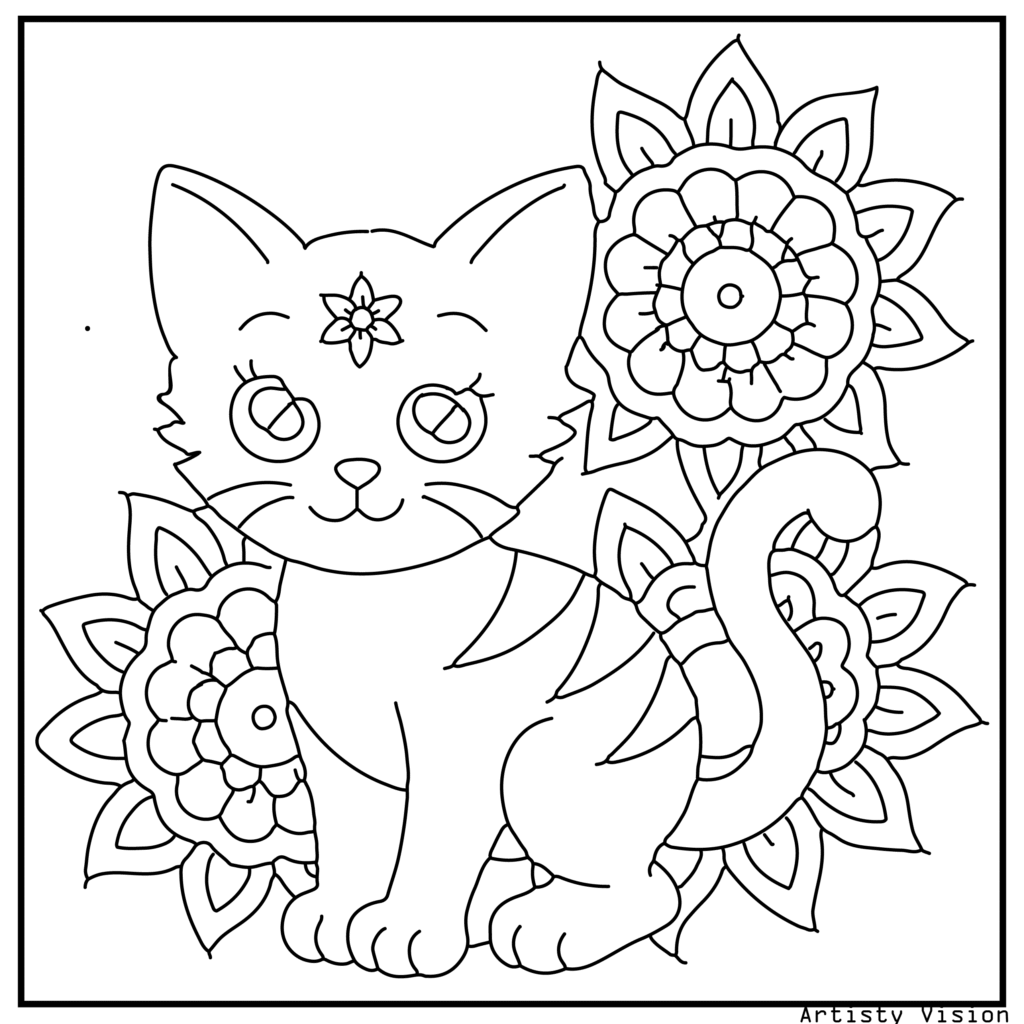 A kitten playing near patterned flowers in this cat coloring sheets. Its fur includes mandalas, paisleys, and swirls, while the flowers and grass in the background are decorated with detailed inner patterns for a harmonious design.