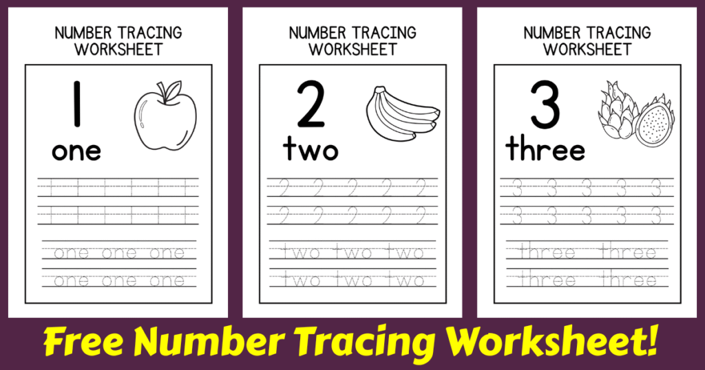 Three number tracing worksheets for kids featuring the numbers 1, 2, and 3 with corresponding fruit illustrations.