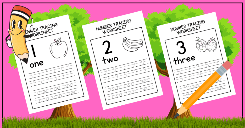 Three number tracing worksheets featuring numbers one, two, and three, with cute illustrations of an apple, bananas, and tropical fruits.