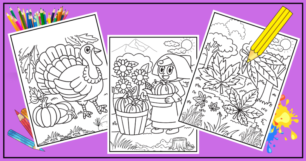 Three black-and-white coloring pages depicting a turkey, a girl with flowers, and autumn leaves, set on a vibrant purple background. Thanksgiving coloring pages.