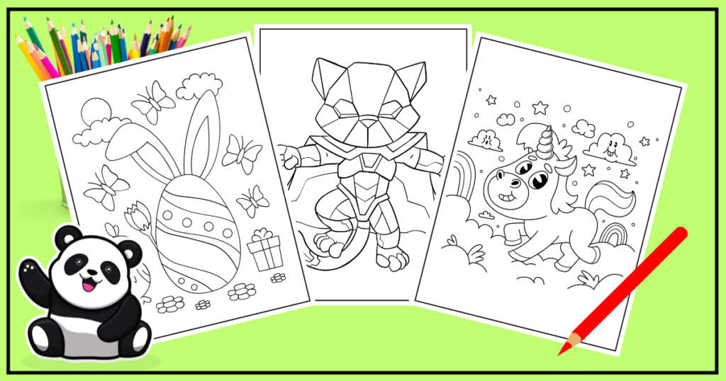 Three coloring pages featuring a bunny egg, a robot cat, and a smiling unicorn, with colored pencils and a panda illustration. Pokémon coloring pages.