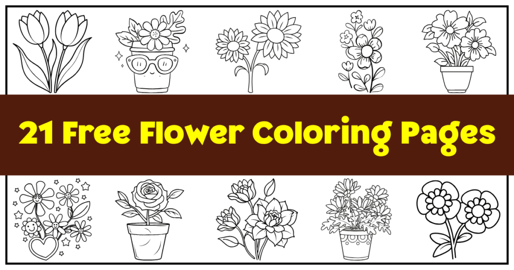 A banner featuring 21 free flower coloring pages, showcasing various floral designs in black and white for coloring fun.