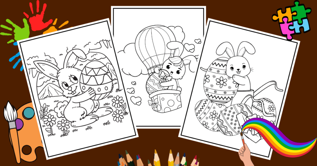 Three Easter-themed coloring pages featuring a bunny, a hot air balloon, and decorated eggs, surrounded by art supplies. Bunny coloring pages.