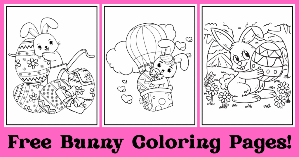Three playful bunny-themed coloring pages featuring bunnies with decorated eggs and a hot air balloon, set against a pink background. Bunny coloring pages.