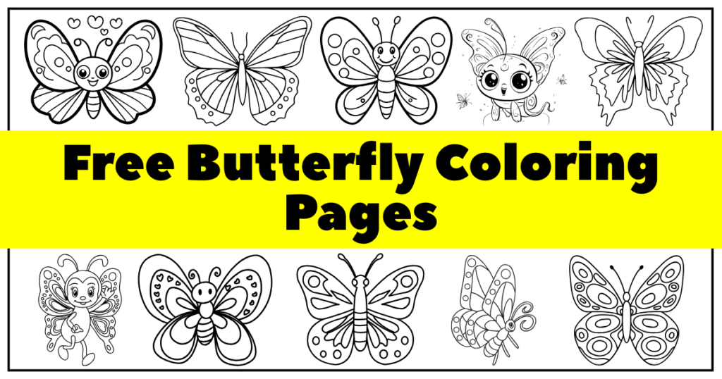 Illustration of various butterfly coloring pages with a bold yellow banner stating "Free Butterfly Coloring Pages." Fun and whimsical designs.