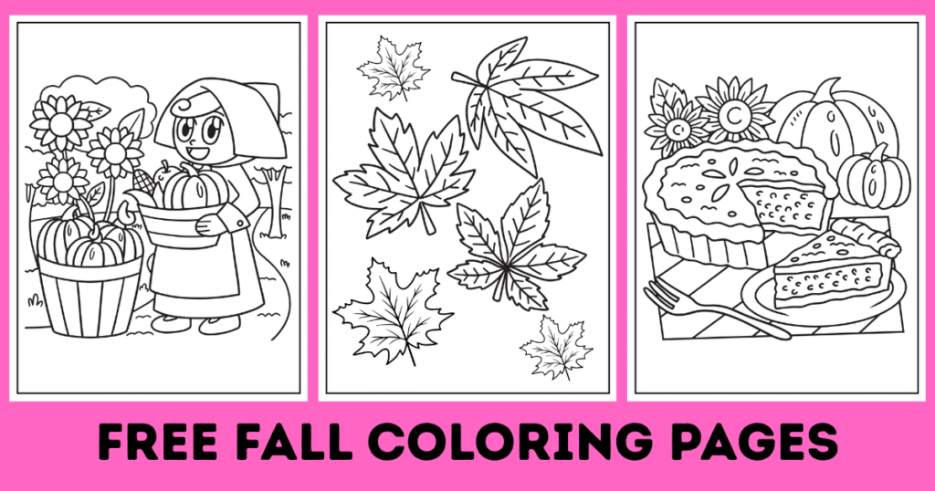 Three printable fall coloring pages featuring a girl with pumpkins, autumn leaves, and a pie with pumpkins and flowers.