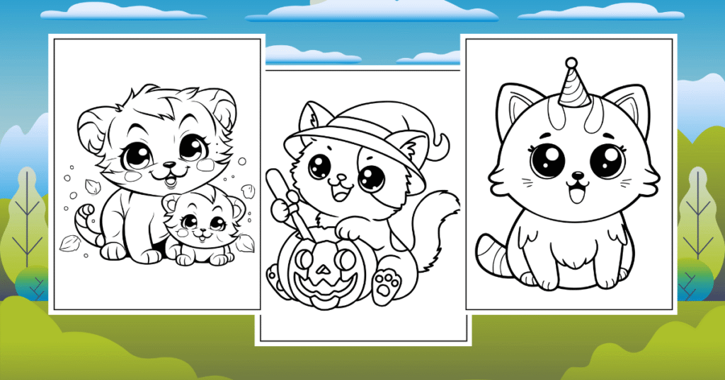 Three cute, cartoon-style line art animals: a lion cub, a festive cat with a pumpkin, and a playful, horned kitten, set against a vibrant backdrop. Hello Kitty coloring Pages.