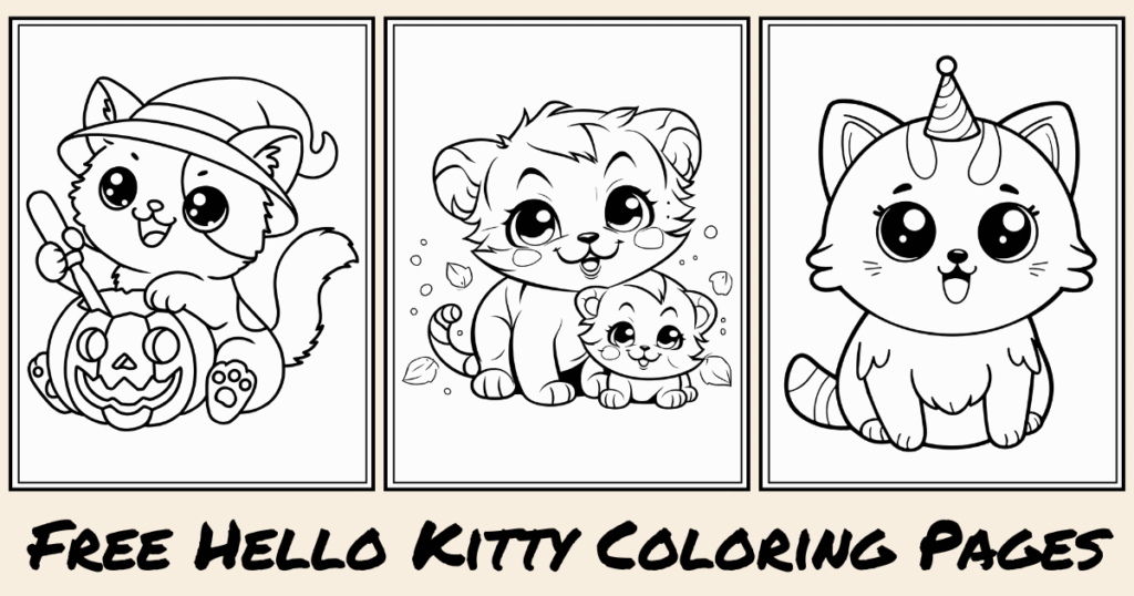 Three adorable Hello Kitty coloring pages featuring a cat in a witch hat, playful lion cubs, and a party hat-wearing kitty.