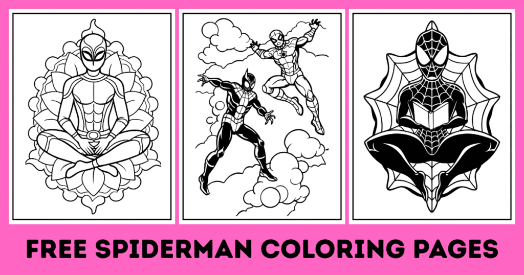 Three black-and-white Spider-Man coloring pages featuring different poses and designs on a pink background with "Free Spider-Man Coloring Pages" text.
