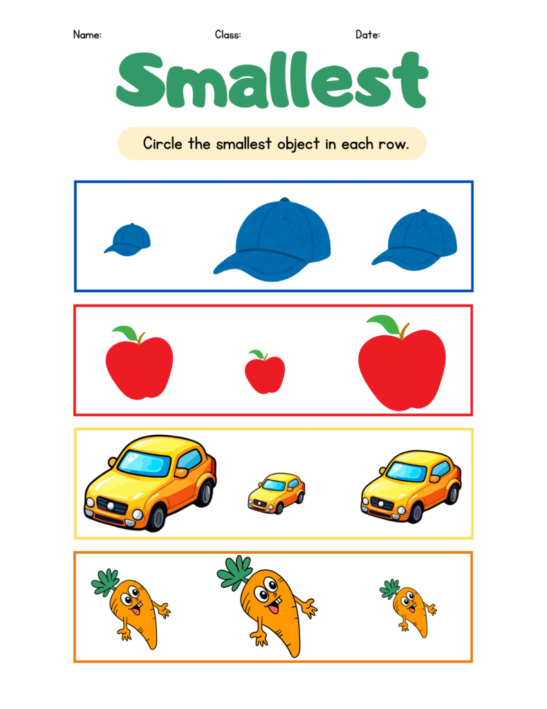 Worksheet titled "Smallest" with four rows of colorful objects where students are to circle the smallest item in each row. kindergarten math worksheets