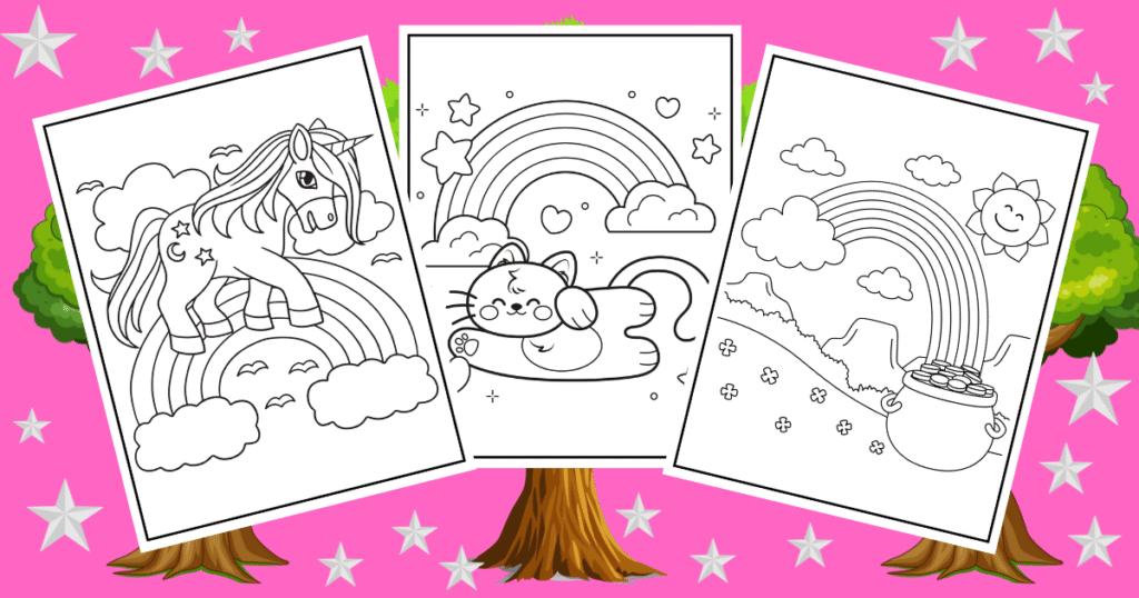 Three black-and-white coloring pages featuring a unicorn, a sleepy cat, and a pot of gold under rainbows, set against a pink background. Rainbow coloring pages.