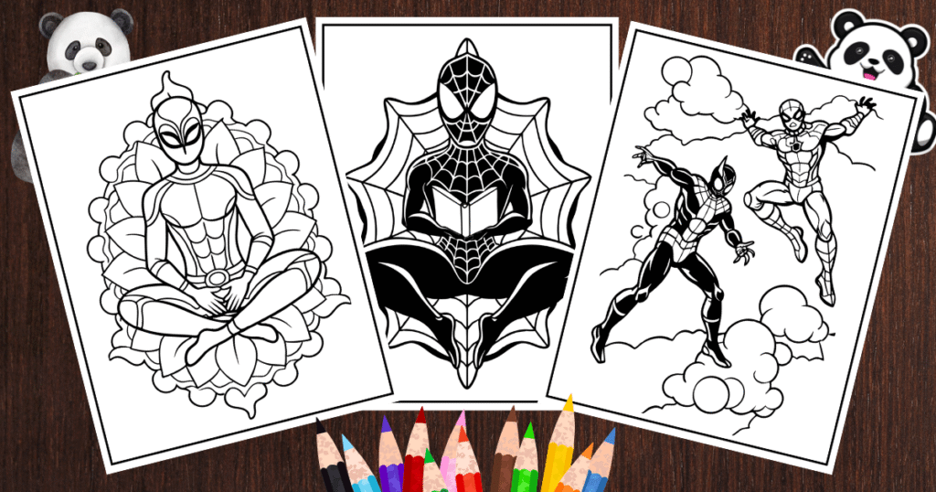 Three Spider-Man-themed coloring pages featuring unique poses and designs, surrounded by colorful pencils on a wooden surface- Spider-Man coloring pages.