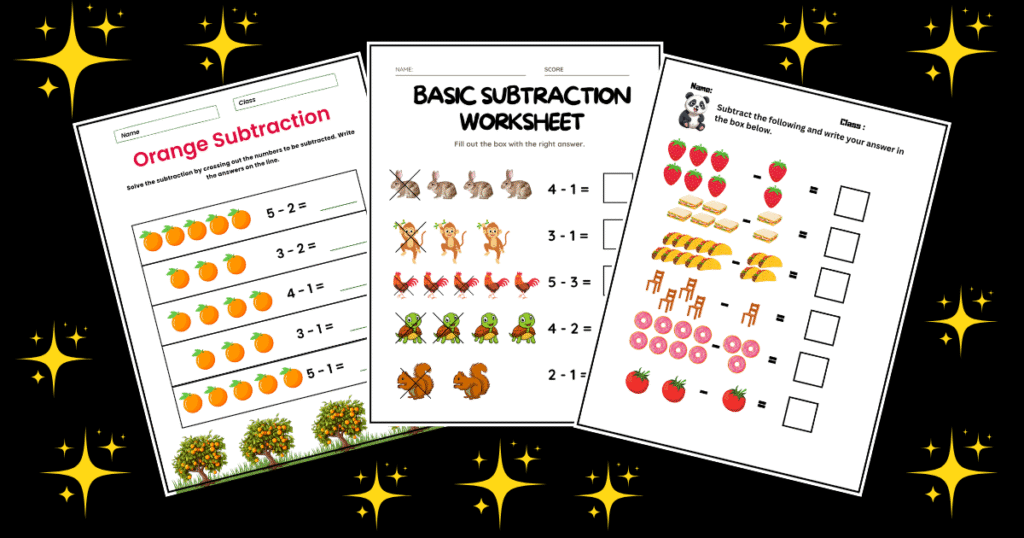 Three colorful worksheets featuring subtraction problems with illustrations of oranges, animals, and food items. Subtraction Math Worksheets.