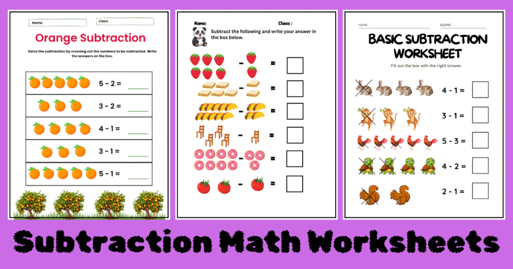 Three colorful subtraction worksheets for kids featuring oranges, strawberries, donuts, and animals, enhancing math skills through visuals. Subtraction Math Worksheets.