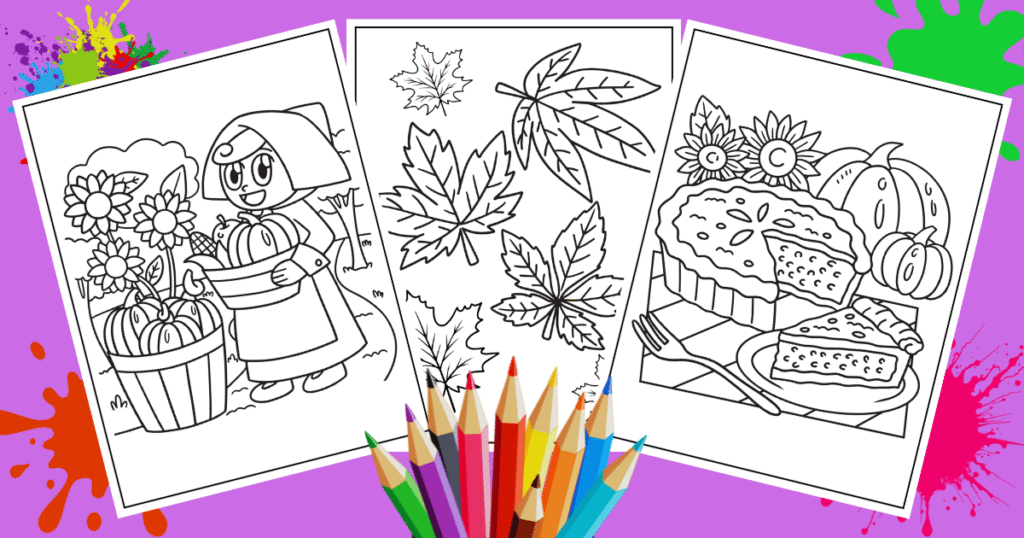 Three coloring pages featuring a girl with pumpkins, various leaves, and a pie with sunflowers, surrounded by colored pencils on a vibrant background. fall coloring pages