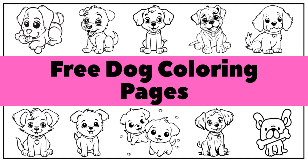 A collage of cute, cartoon-style dog illustrations above a pink banner that reads "Free Dog Coloring Pages."