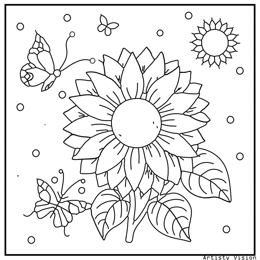 1. A beautifully detailed sunflower with mandala-style petals and decorative patterns, designed as premium-quality flower coloring sheets for both children and adults, available as printable pdf coloring sheets.