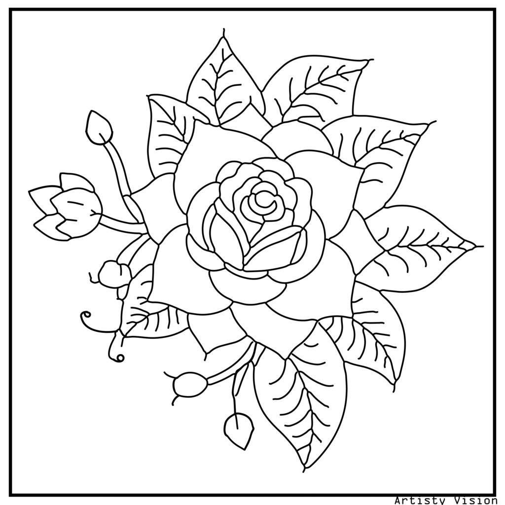 2.	A single rose illustrated with paisley, swirls, and geometric patterns, ideal for relaxing flower coloring sheets and high-resolution printable pdf coloring sheets.