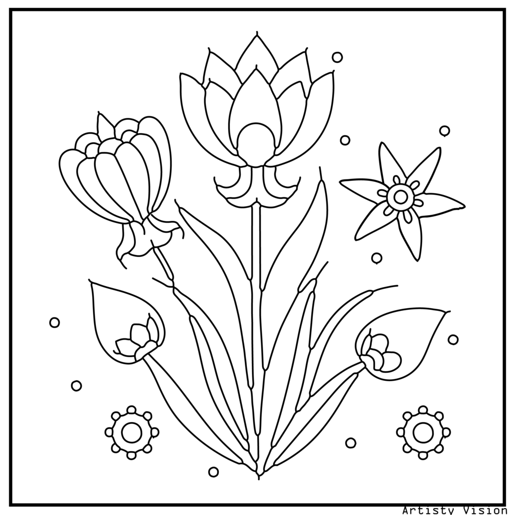 3.	A bouquet of tulips filled with mandalas and decorative motifs, created for creative flower coloring sheets that can be downloaded as printable pdf coloring sheets.