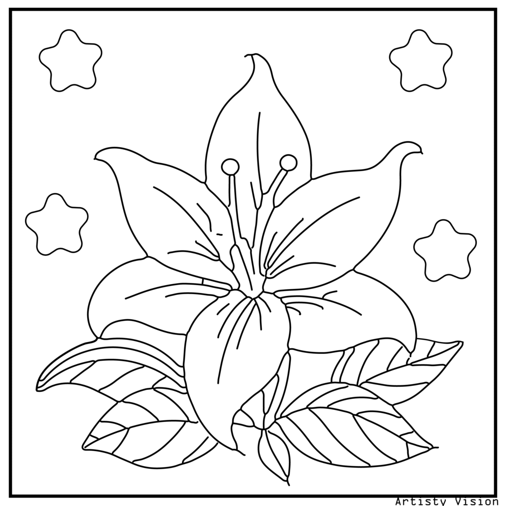 4.	A lily with ornate swirling designs and intricate mandala-style petals, perfect for detailed flower coloring sheets and adult-friendly printable pdf coloring sheets.