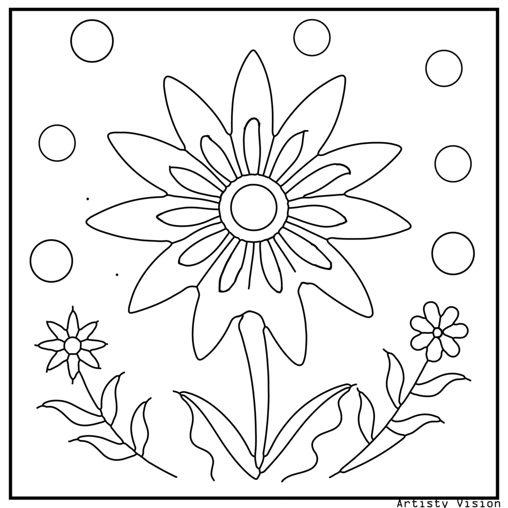 5.	A daisy with a mandala-inspired center and patterned petals, designed for fun and relaxing flower coloring sheets, available as printable pdf coloring sheets.