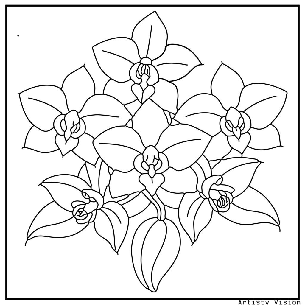 6.	A cluster of orchids with beautifully detailed petals and leaves, perfect for flower coloring sheets lovers looking for intricate printable pdf coloring sheets.