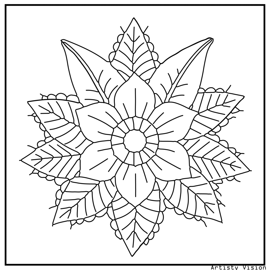 7.	A hibiscus flower surrounded by tropical leaves and mandala-style petals, great for stress relief flower coloring sheets and printable pdf coloring sheets.