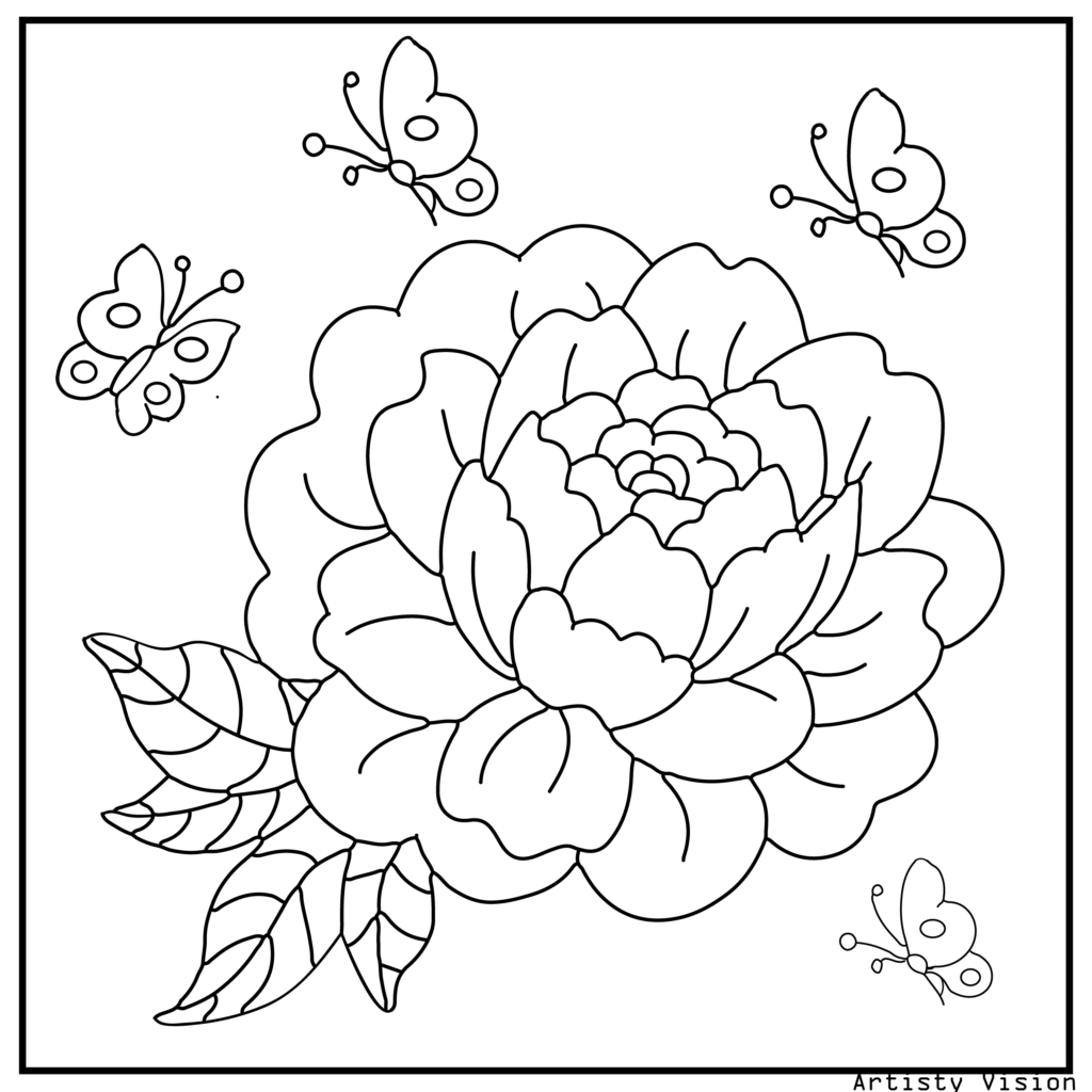 8.	A peony flower with layered decorative petals, swirls, and paisley patterns, ideal for highly detailed flower coloring sheets in printable pdf coloring sheets format.