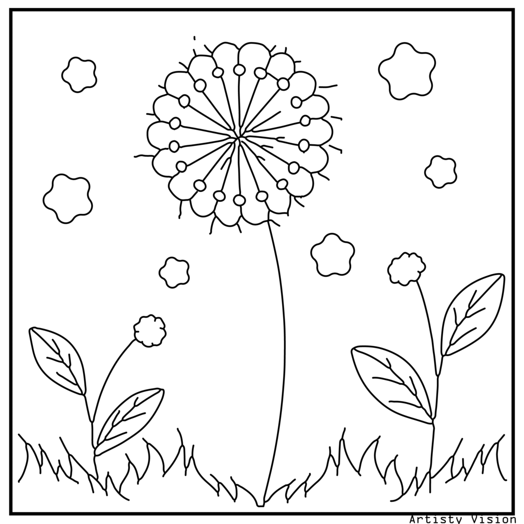 10.	A dandelion puff with swirling seed details floating in the air, perfect for whimsical flower coloring sheets and printable pdf coloring sheets for relaxation.