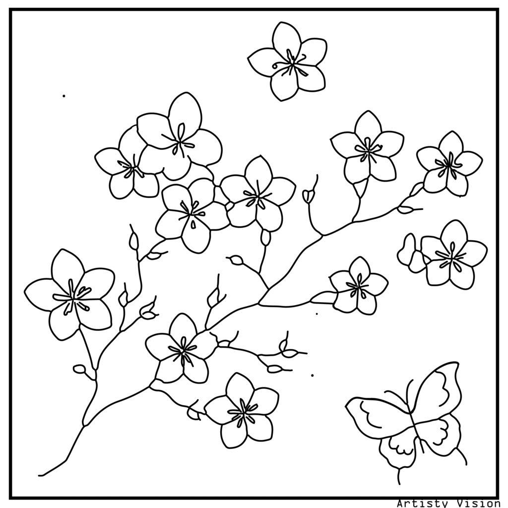 A flower coloring sheets showing a beautiful cherry blossom branch.