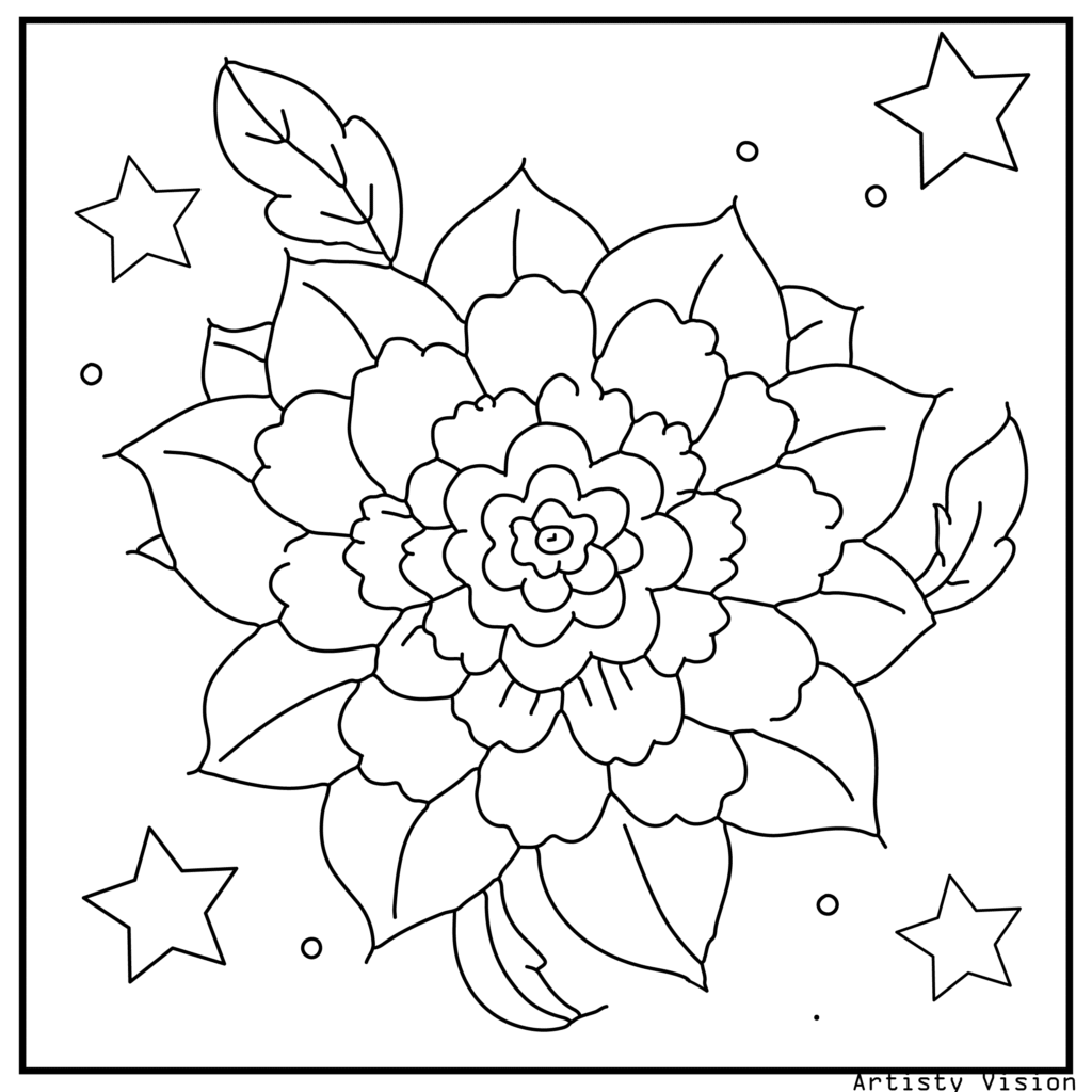 12.	A marigold with swirls, paisley, and mandala elements, making it a perfect choice for decorative flower coloring sheets in printable pdf coloring sheets format.