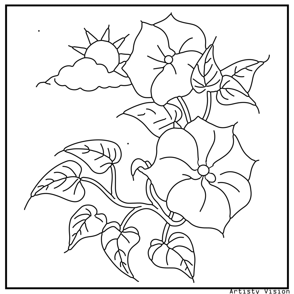 13.	A morning glory vine with intricate patterned flowers and leaves, created for unique flower coloring sheets and printable pdf coloring sheets.