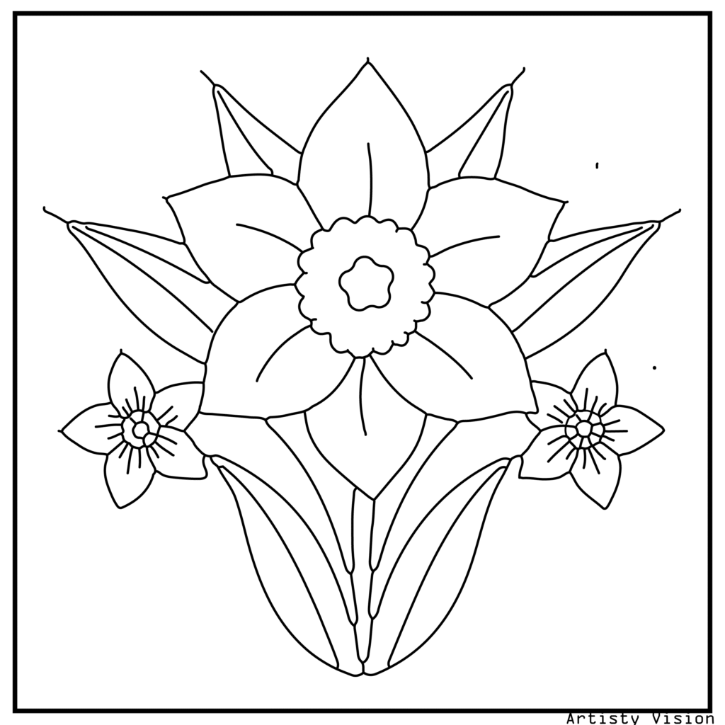 14.	A daffodil with mandala-inspired petals and decorative details, ideal for spring-themed flower coloring sheets available as printable pdf coloring sheets.