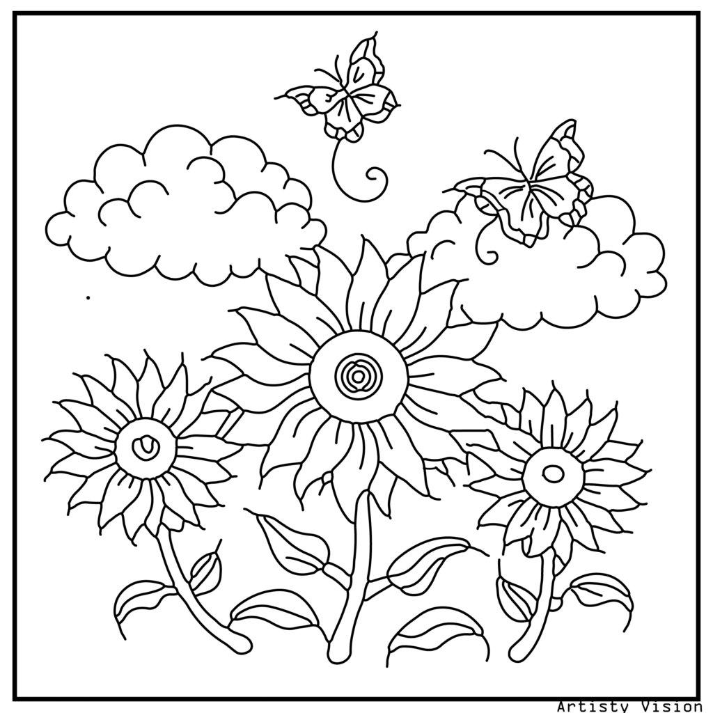 15.	A sunflower field with multiple patterned flowers and swirling backgrounds, perfect for nature-inspired flower coloring sheets in printable pdf coloring sheets.