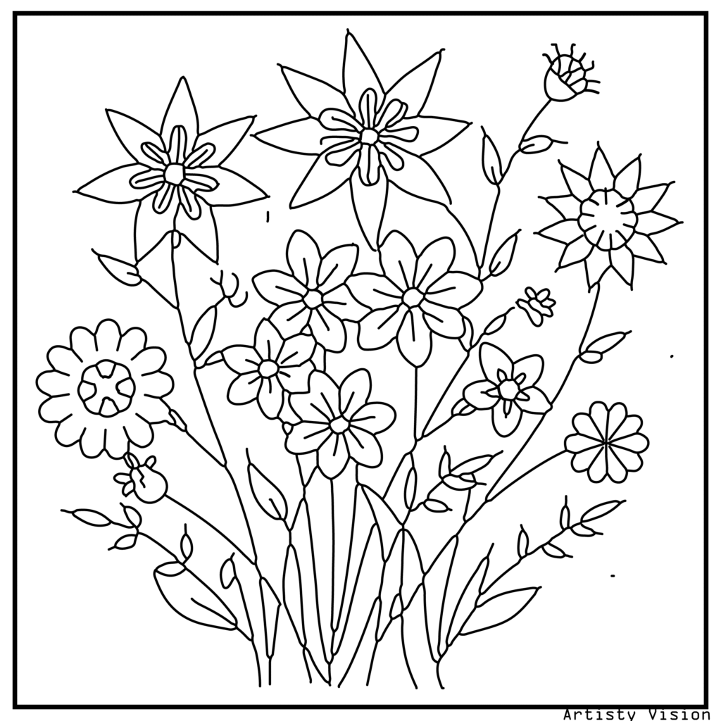 16.	A bouquet of wildflowers filled with mandala, swirl, and paisley patterns, designed as beautiful flower coloring sheets available in printable pdf coloring sheets format.