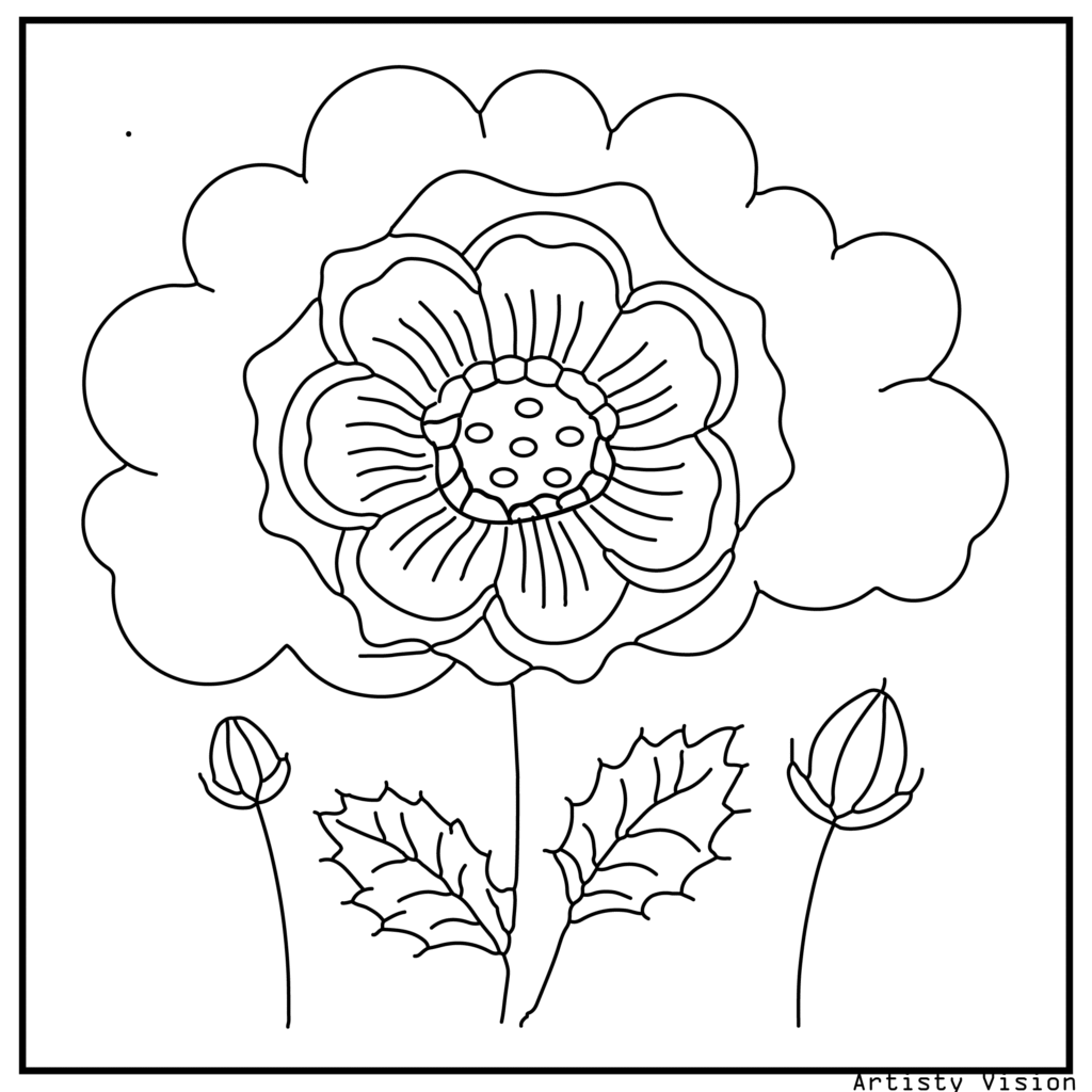 17.	A single poppy flower with intricately patterned petals, perfect for detailed flower coloring sheets for adults and printable pdf coloring sheets.