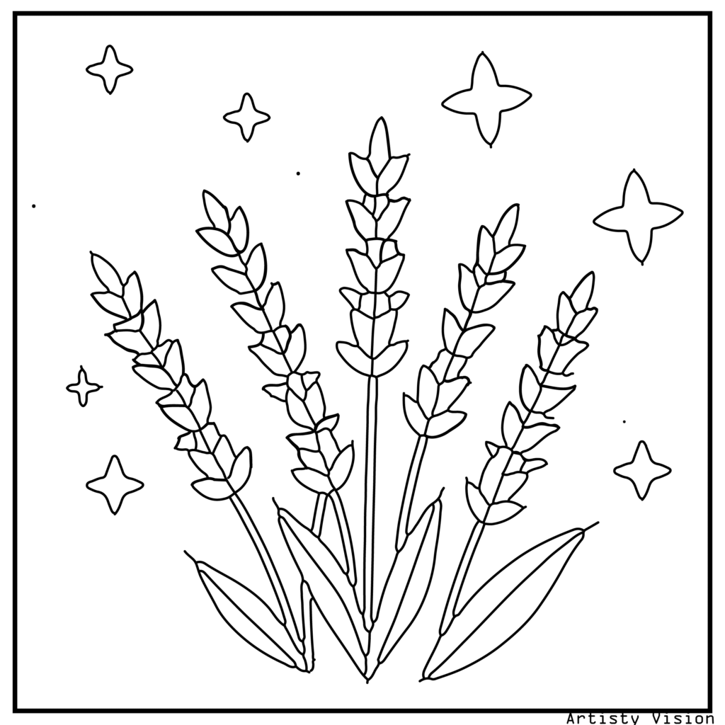 18.	A cluster of lavender stems with patterned leaves and petals, ideal for calming flower coloring sheets and printable pdf coloring sheets for stress relief.