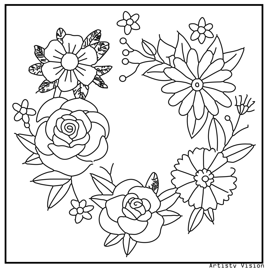 19.	A floral wreath with roses, daisies, and lilies, each decorated with mandala patterns, perfect for decorative flower coloring sheets in printable pdf coloring sheets.