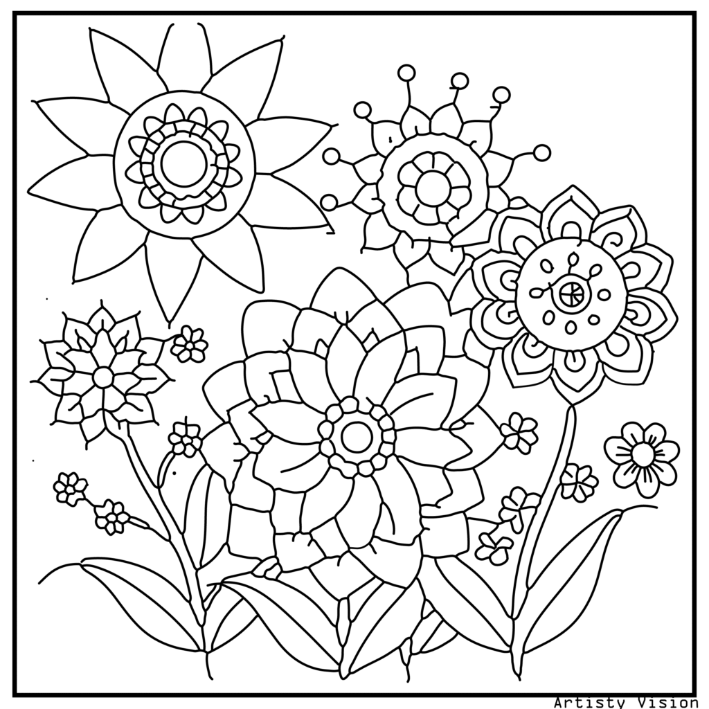 20.	A full garden scene filled with a variety of mandala-patterned flowers, great for creative flower coloring sheets and printable pdf coloring sheets.