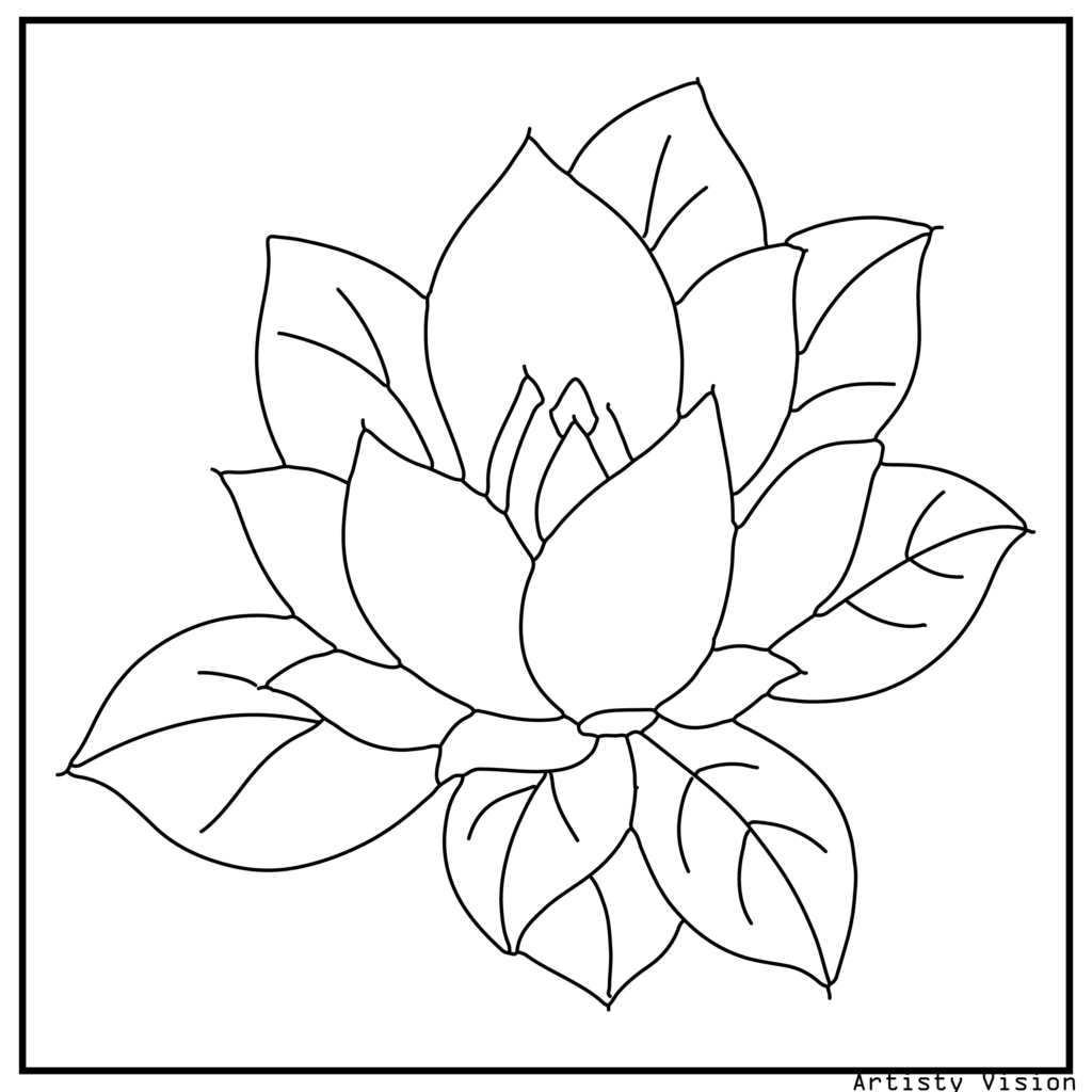 21.	A magnolia flower with swirling mandala petals and ornate designs, perfect for floral-themed flower coloring sheets in printable pdf coloring sheets.