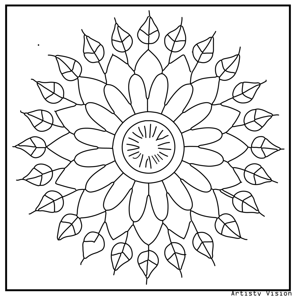 22.	A sunflower with a mandala-inspired center surrounded by patterned leaves, designed as premium flower coloring sheets and printable pdf coloring sheets.