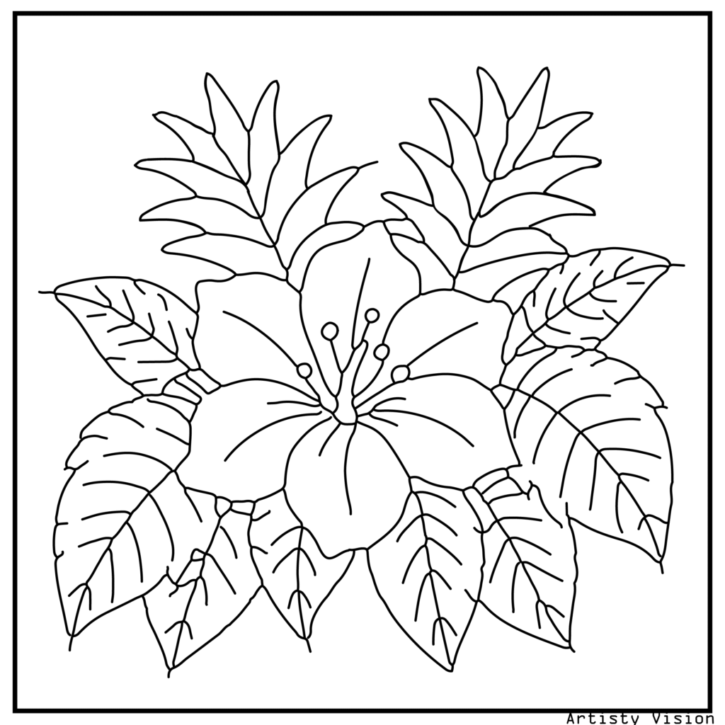 23.	A tropical hibiscus garden with patterned flowers and leaves, ideal for exotic flower coloring sheets and downloadable printable pdf coloring sheets.