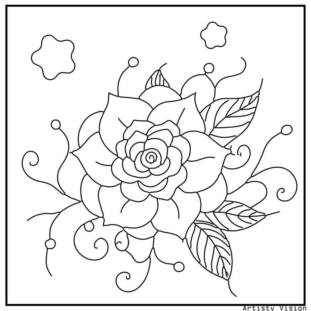 24.	A camellia flower with mandala petals and decorative swirling vines, great for relaxing flower coloring sheets in printable pdf coloring sheets format.