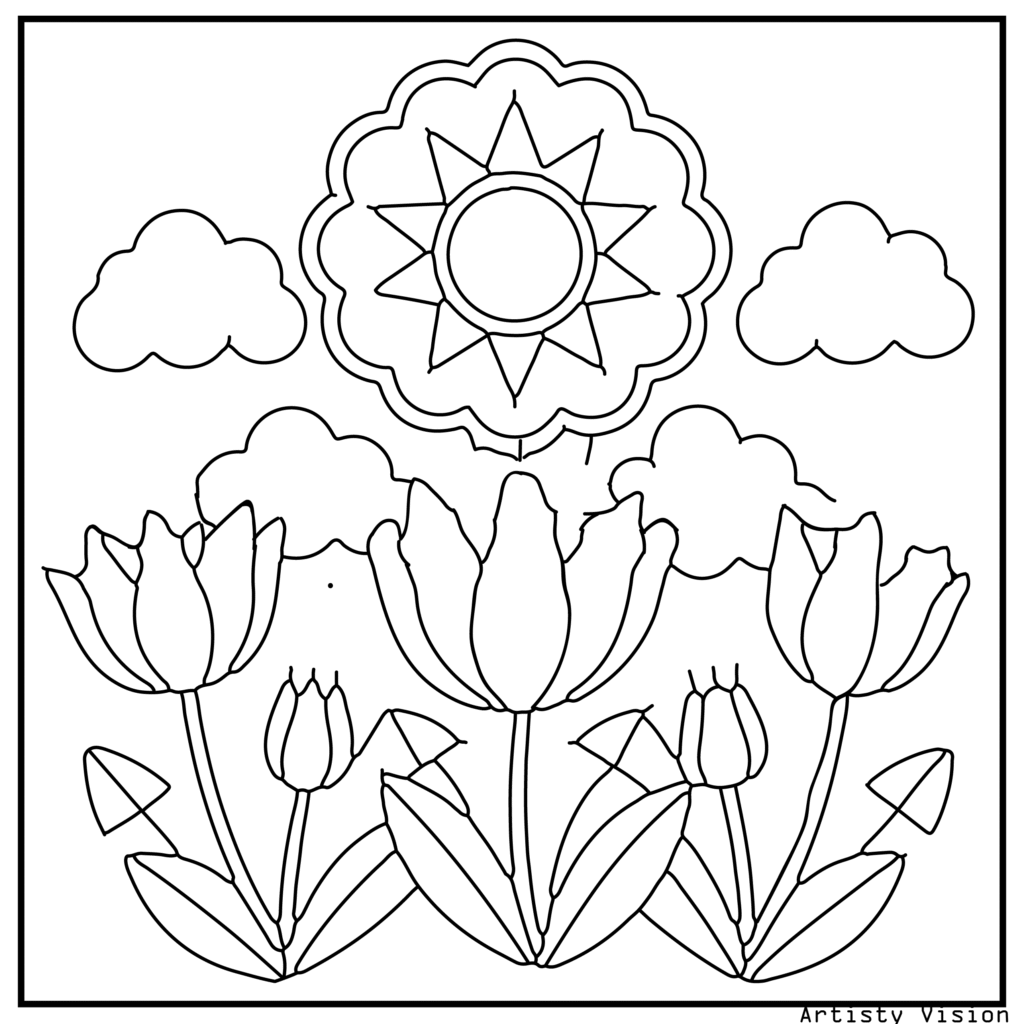 25.	A tulip field with intricate paisley, mandala, and geometric designs, created for spring-themed flower coloring sheets and printable pdf coloring sheets.