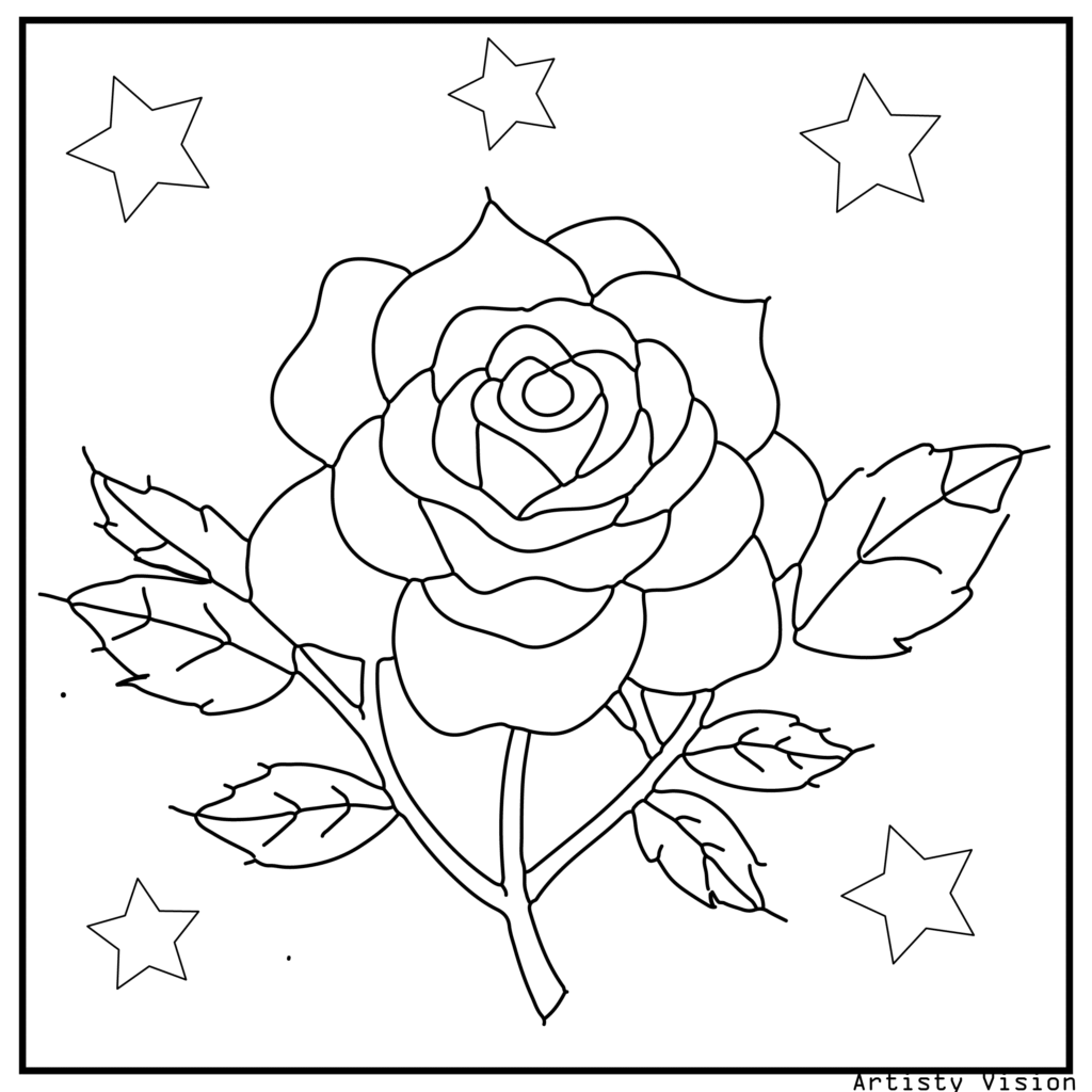 26.	A rose bush with patterned petals, swirling designs, and decorative leaves, designed for elegant flower coloring sheets in printable pdf coloring sheets format.