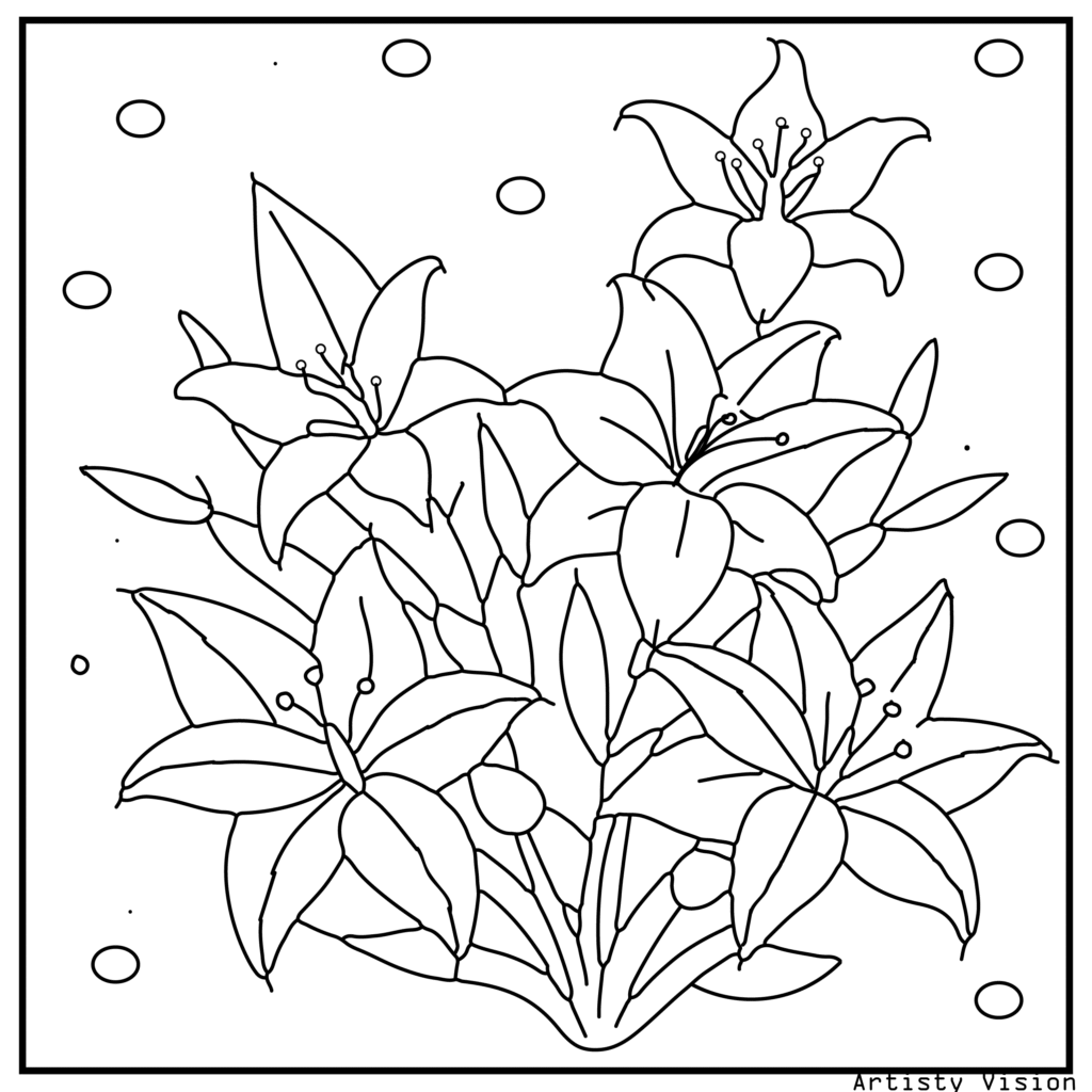 27.	A cluster of lilies with mandala-filled petals, surrounded by decorative grass and butterflies, perfect for highly detailed flower coloring sheets and printable pdf coloring sheets.