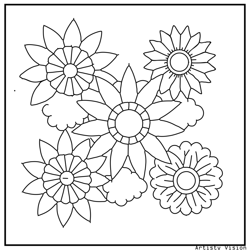 28.	A floral garden featuring daisies, tulips, and sunflowers, each with mandala designs, great for variety-filled flower coloring sheets and printable pdf coloring sheets.