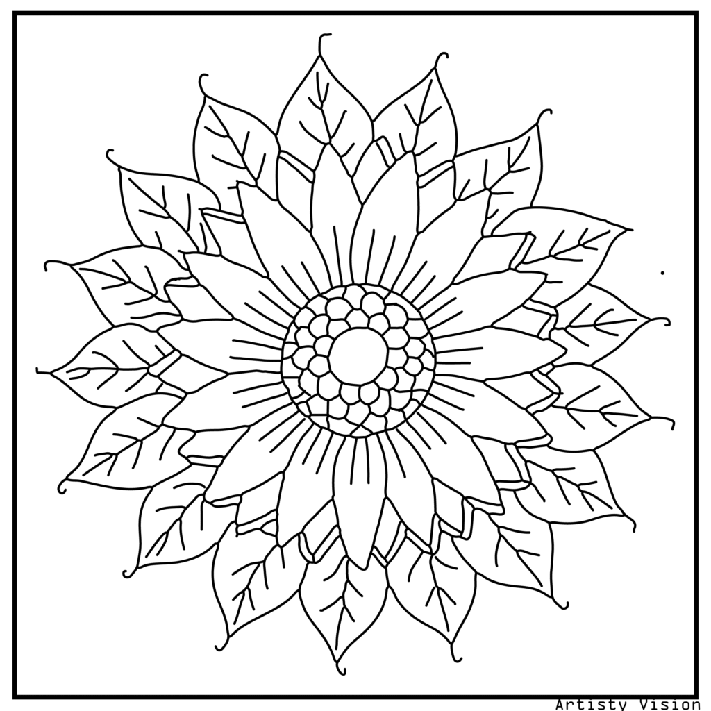 29.	A sunflower with paisley-inspired petals and patterned grass, ideal for intricate flower coloring sheets available as printable pdf coloring sheets.
