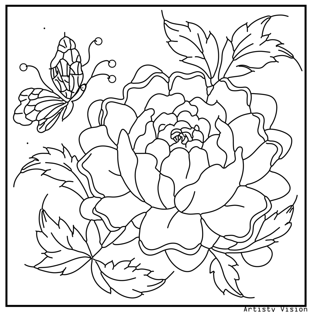 30.	A peony flower with swirling mandala details and butterfly decorations, designed for detailed flower coloring sheets and premium printable pdf coloring sheets.