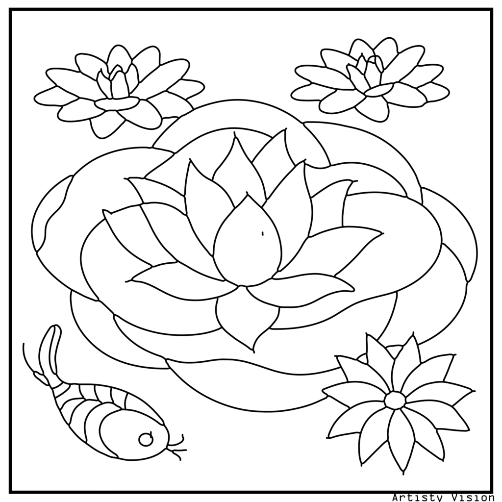 31.	A lotus flower floating on patterned water with lily pads and koi fish, perfect for peaceful flower coloring sheets in printable pdf coloring sheets format.